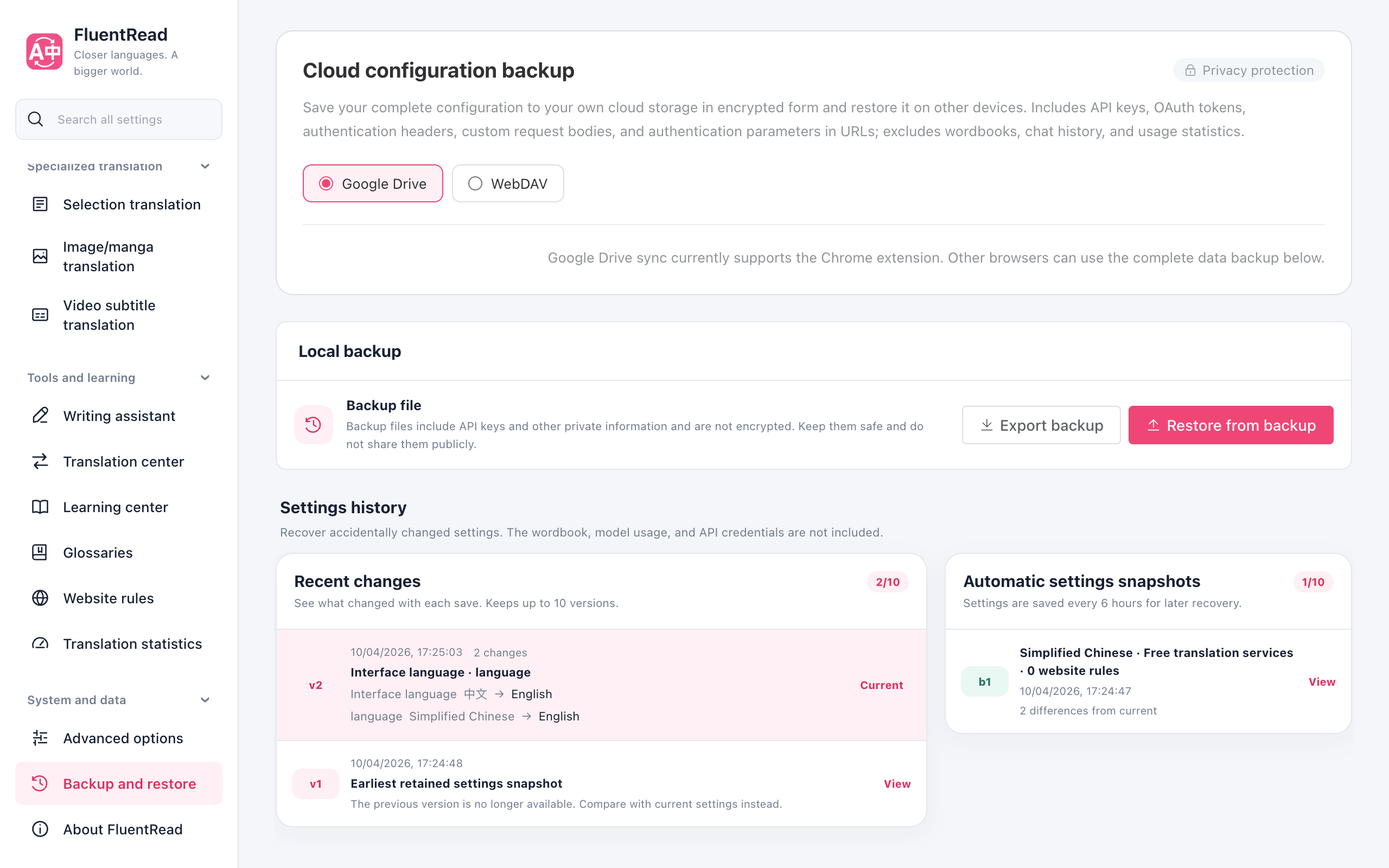 Export a backup and restore data