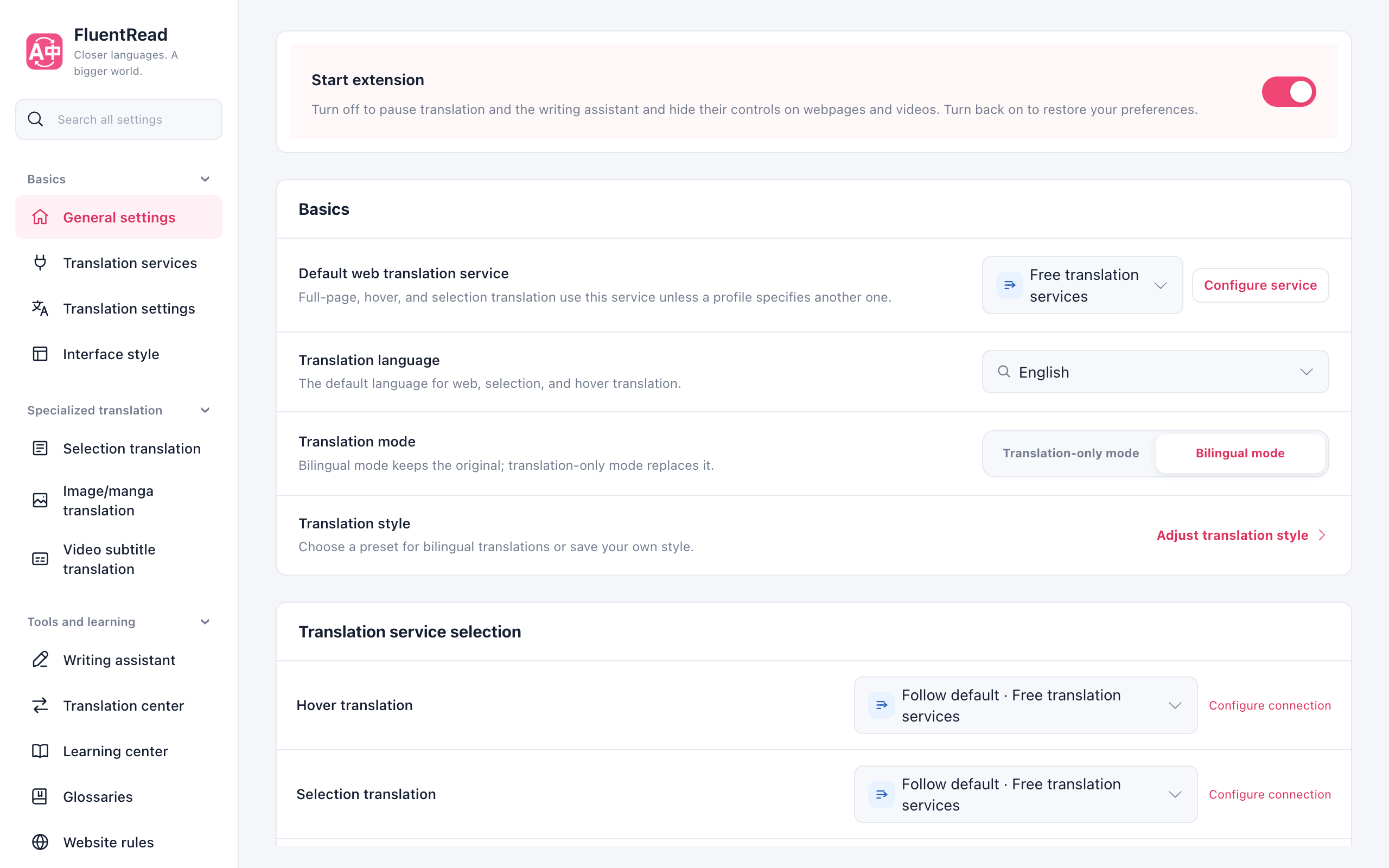 FluentRead settings for language, theme, service, and bilingual display