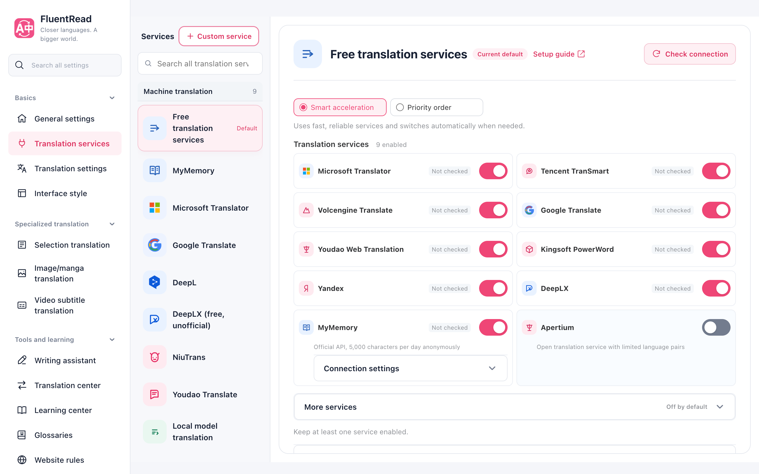Translation service directory and connection settings