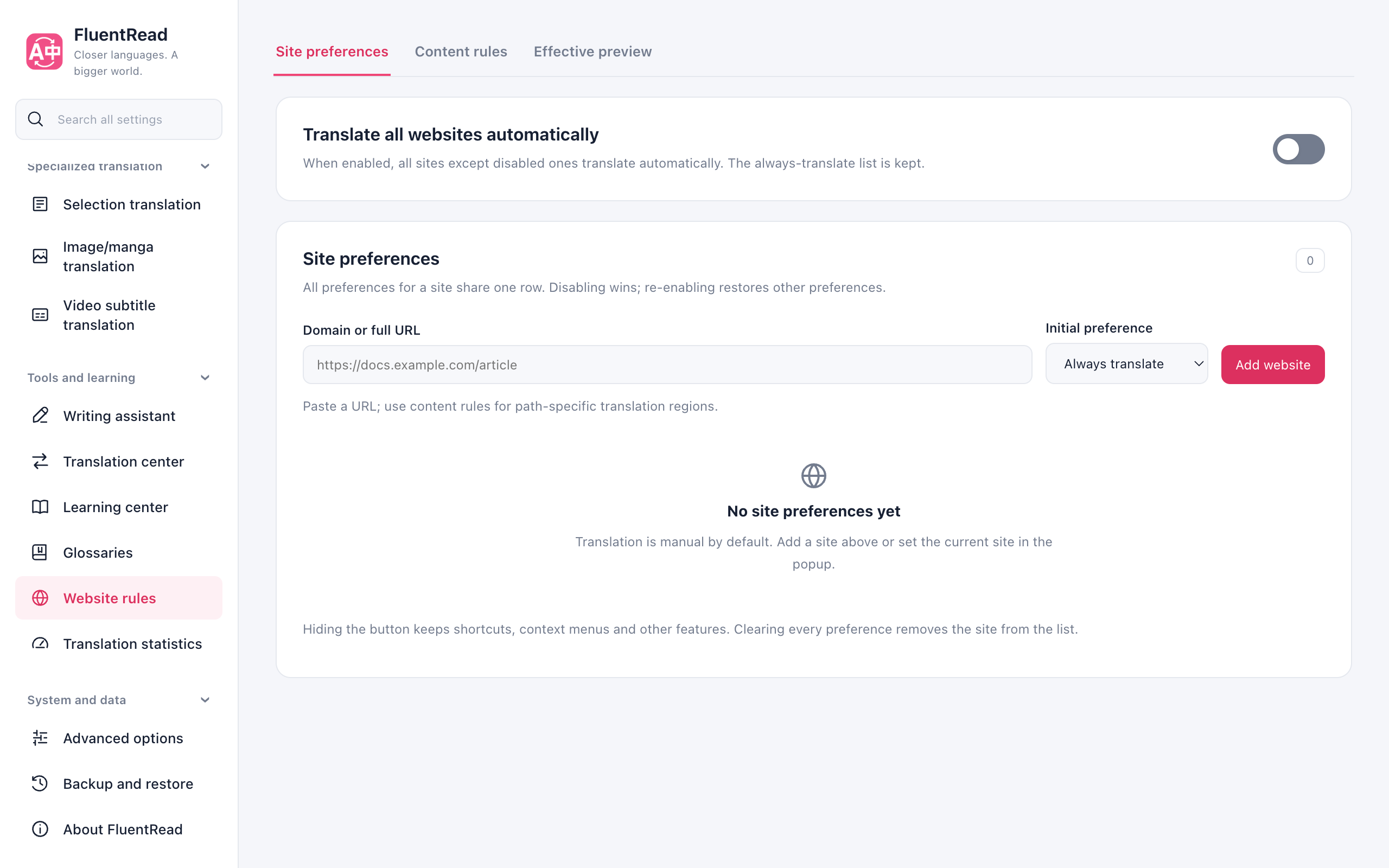 Set preferences for a website